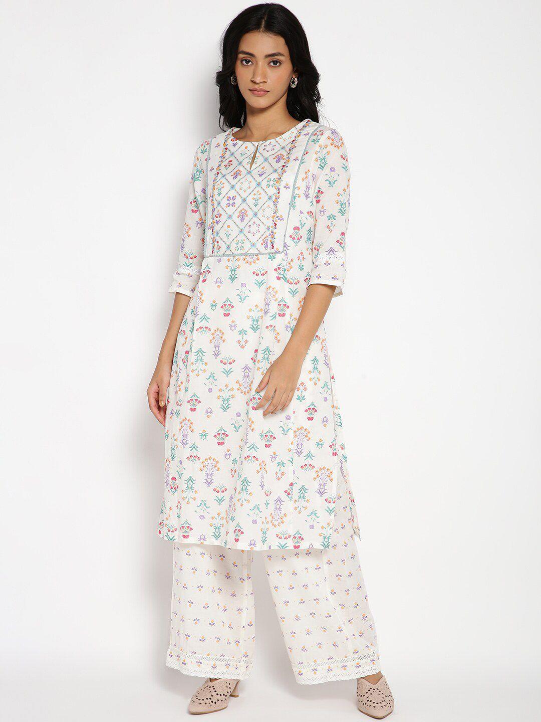 w white floral printed thread work pure cotton kurta with trousers