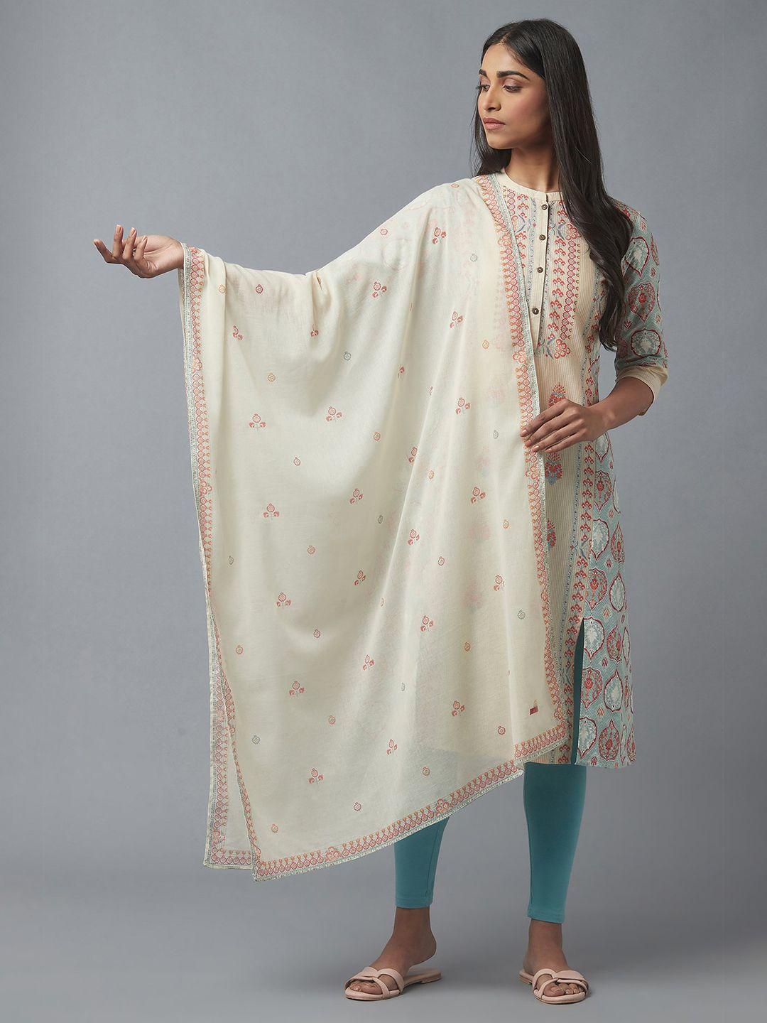 w white printed pure cotton dupatta