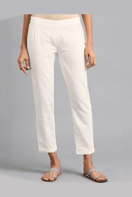w white regular fit straight flat front trousers