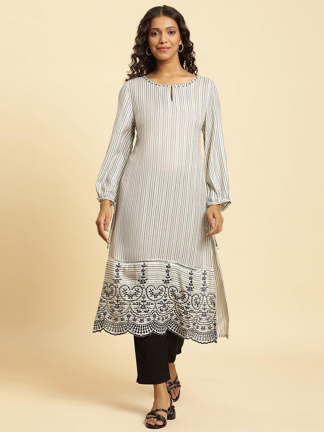 w white striped keyhole neck puffed sleeves thread work straight kurta