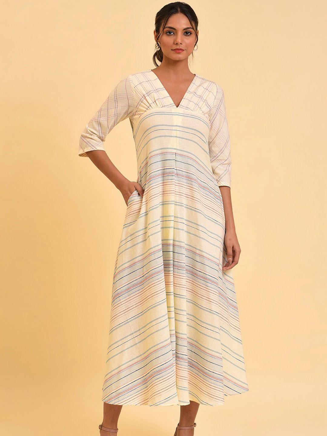 w white v-neck striped a-line midi dress