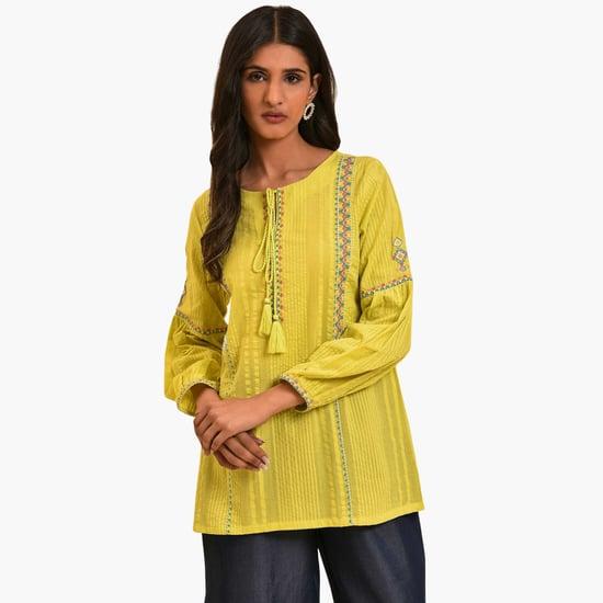 w women  embroidered tie-up neck tunic