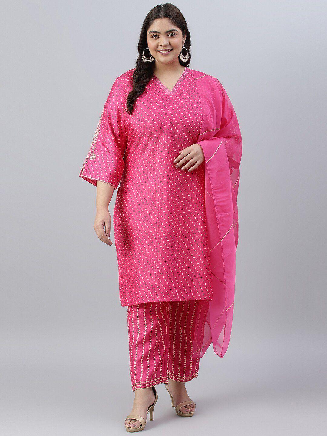 w women bandhani printed kurta with trousers & with dupatta