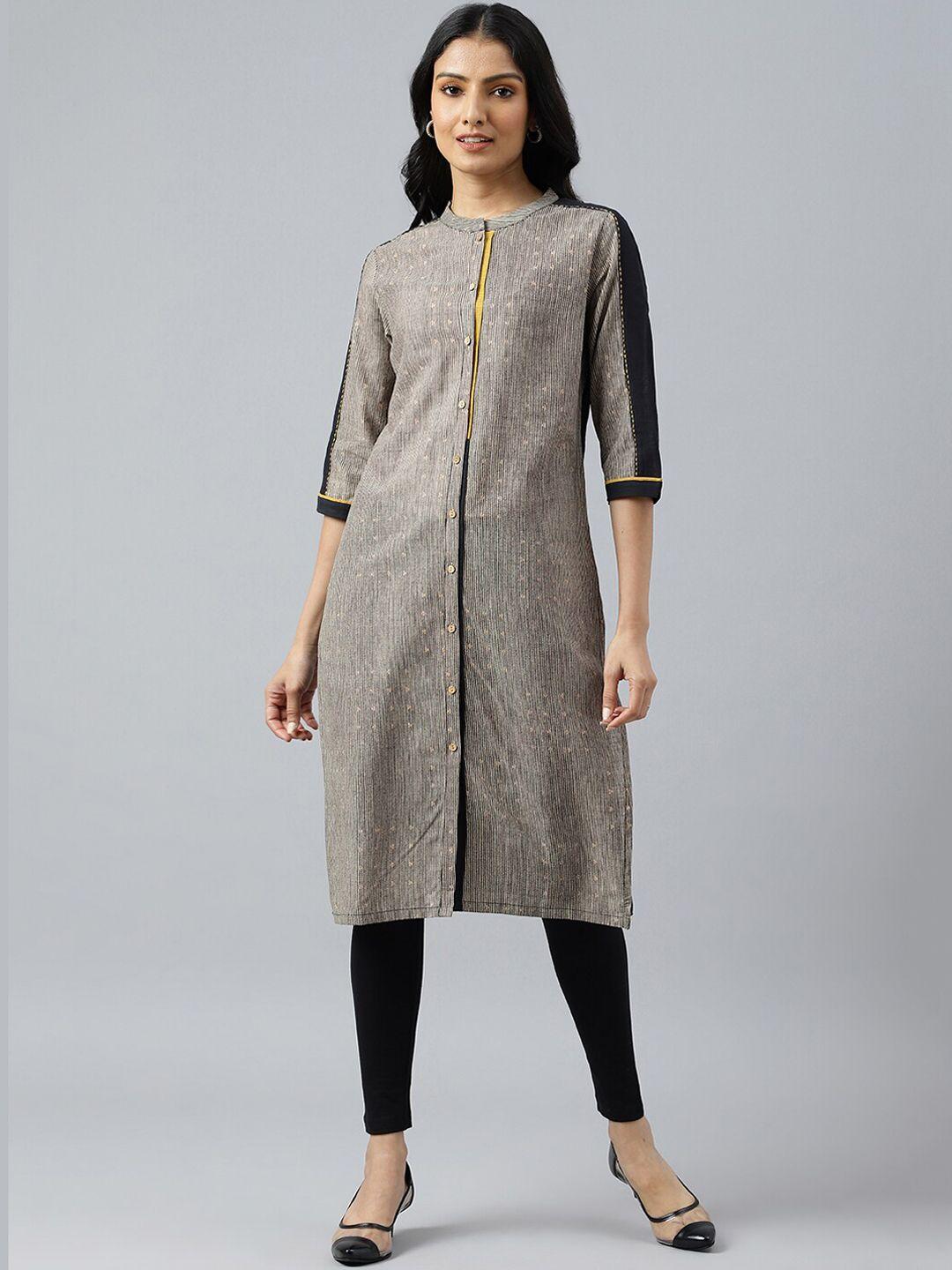 w women beige & black striped thread work kurta