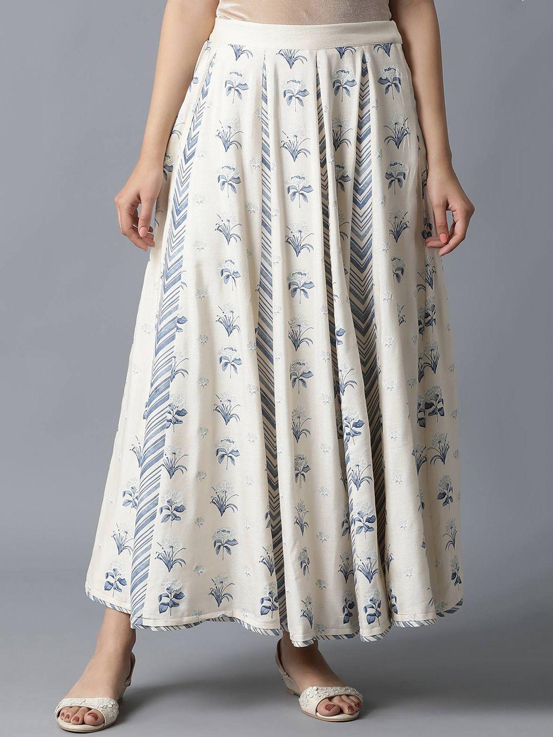 w women beige & blue floral printed flared maxi ecru skirt