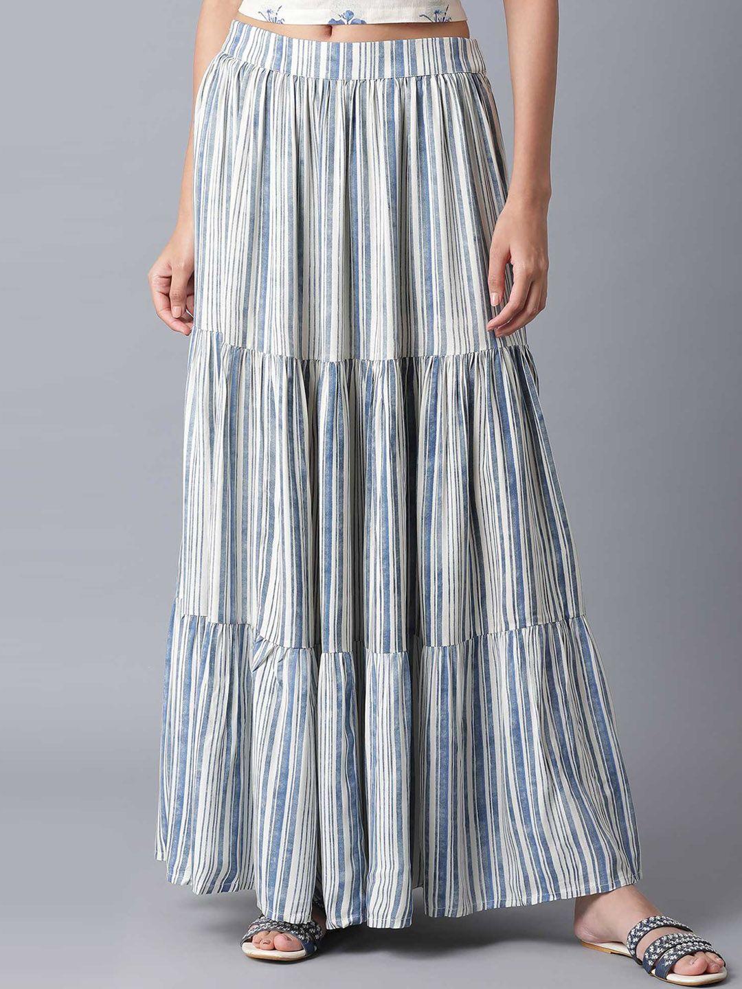 w women beige & blue striped tiered maxi skirt