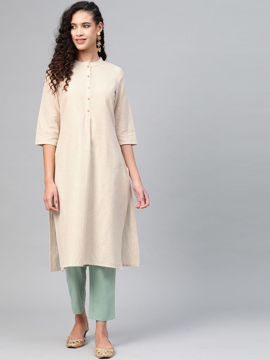 w women beige & golden self-striped straight kurta