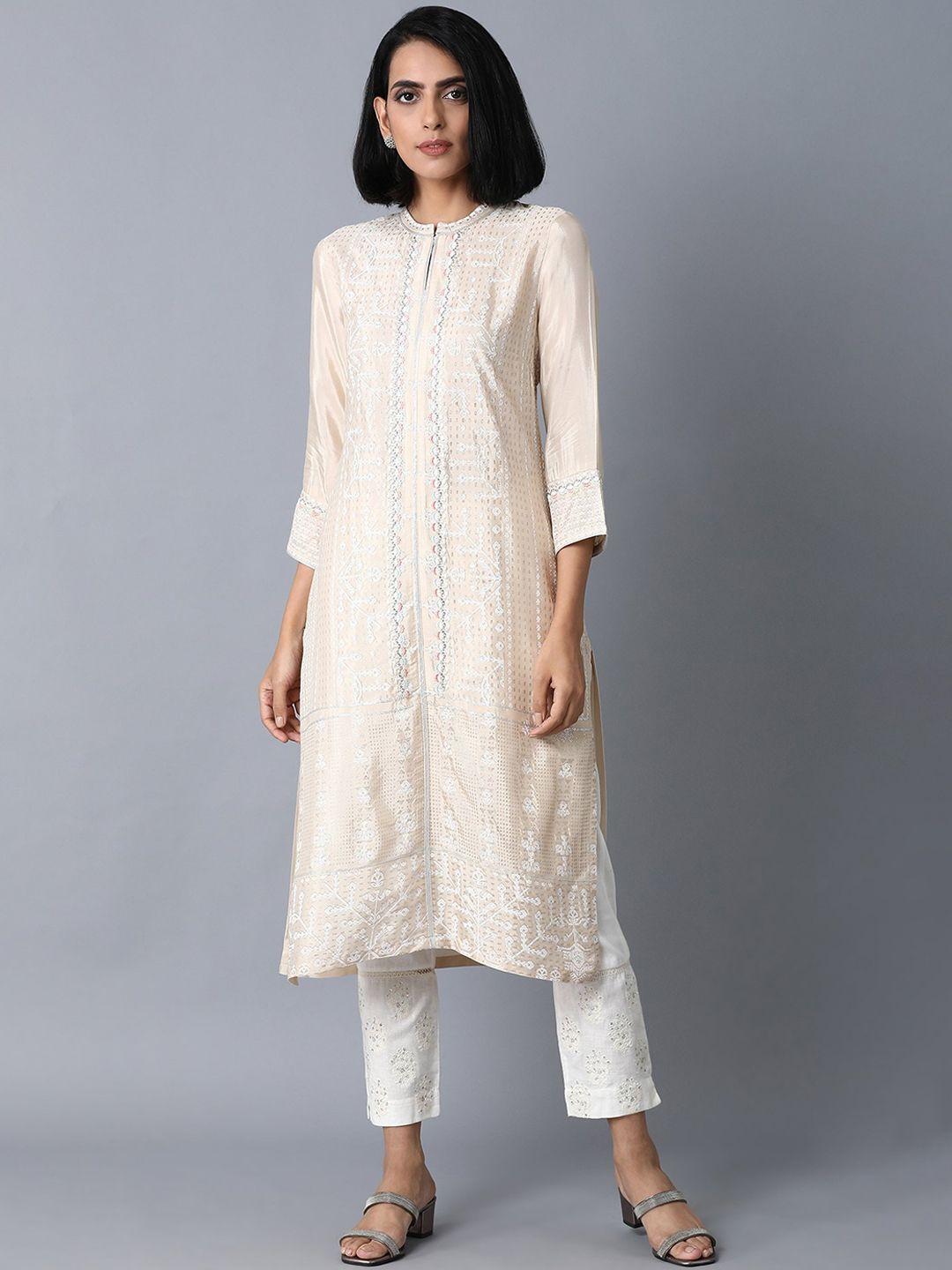 w women beige ethnic motifs printed thread work kurta