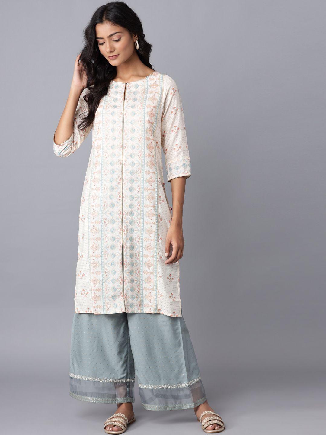 w women beige printed keyhole neck gotta patti kurta