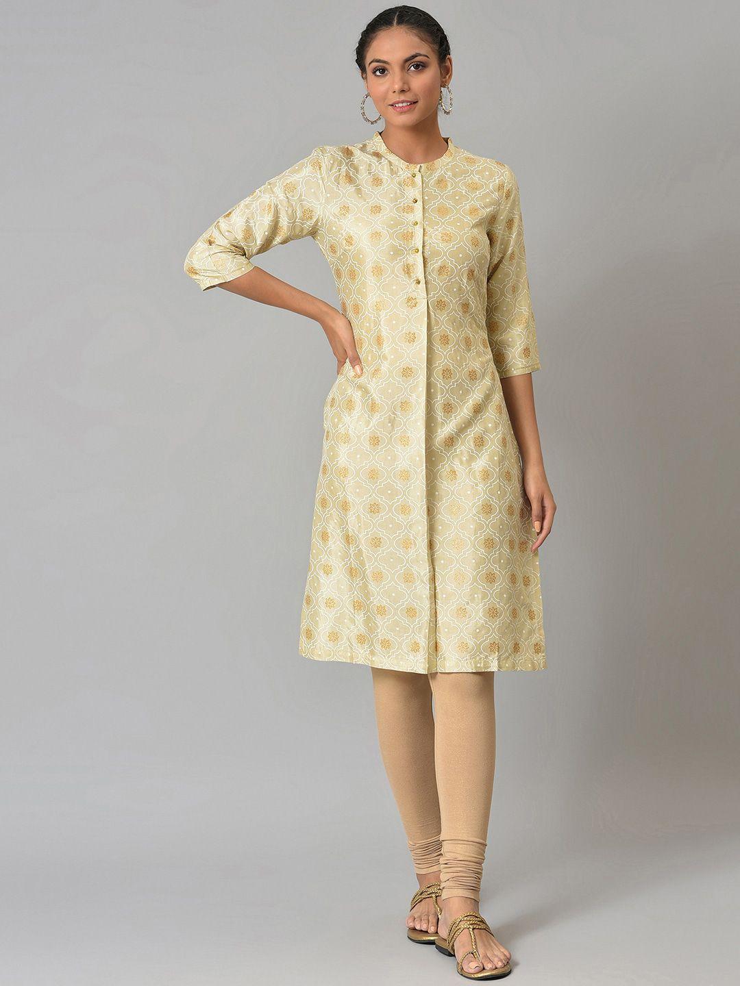 w women beige printed kurta with churidar