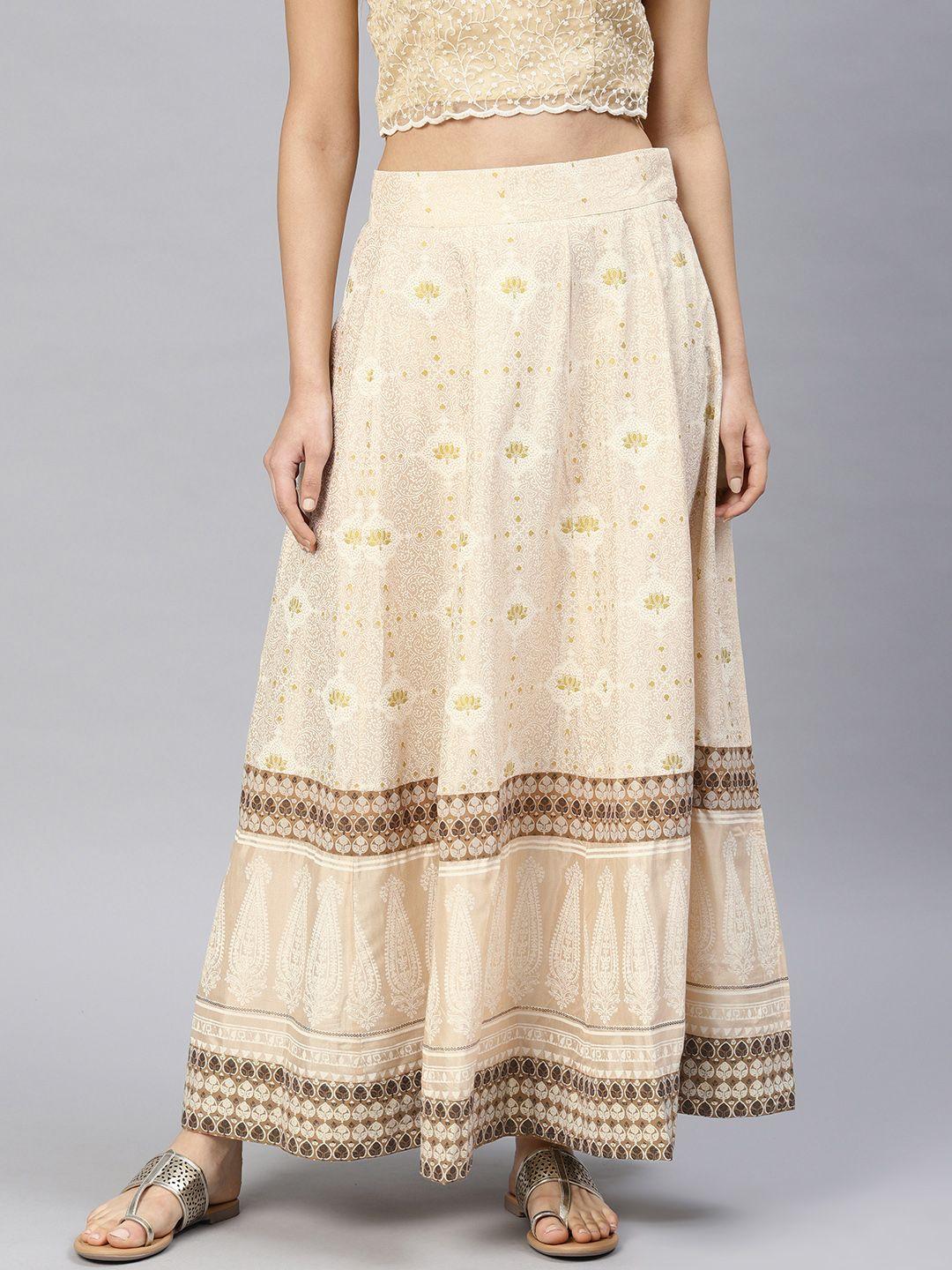 w women beige printed maxi flared skirt