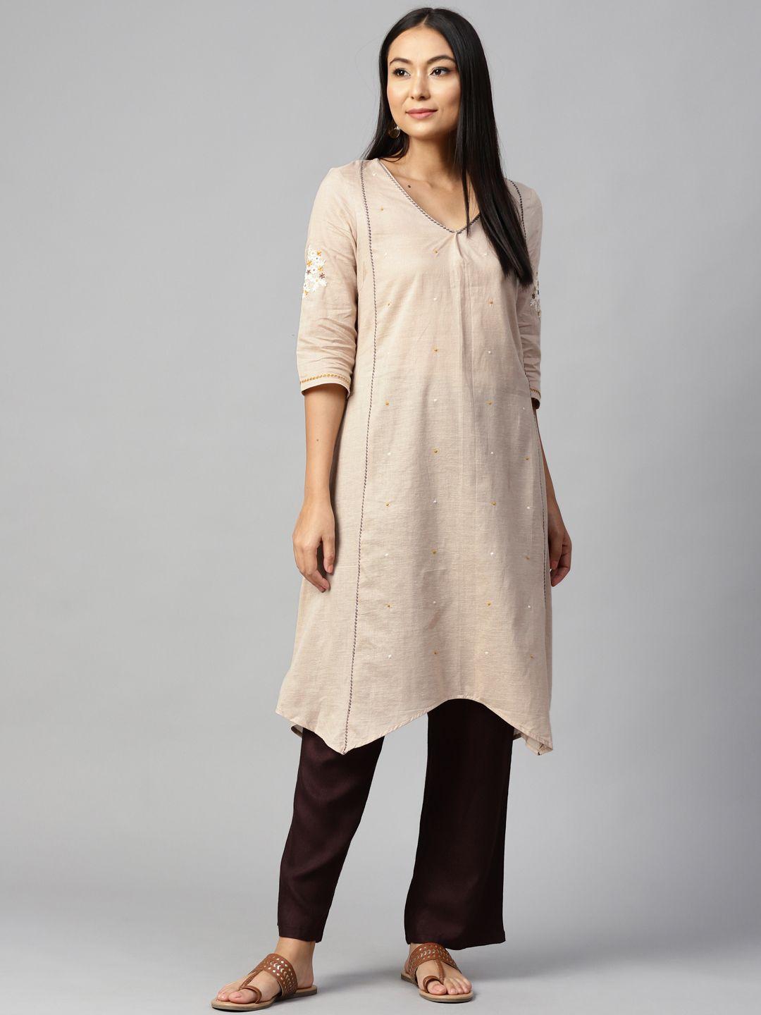 w women beige solid a-line kurta