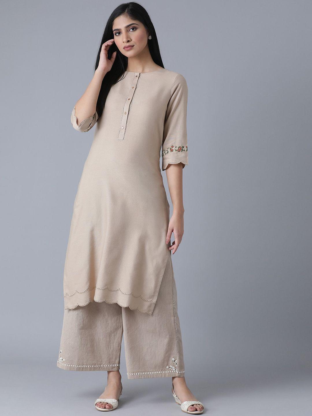 w women beige striped keyhole neck flared sleeves kurta