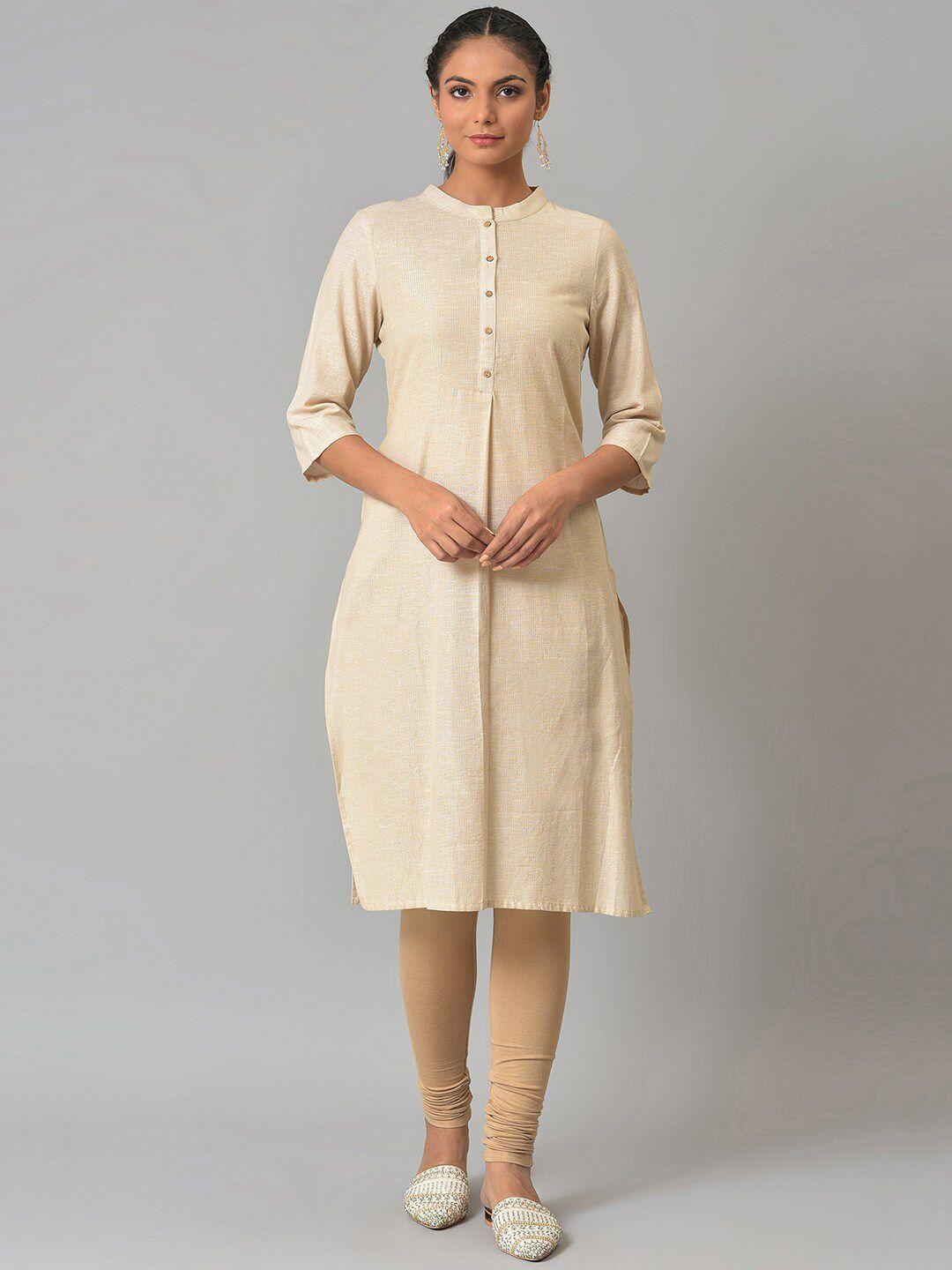 w women beige striped kurta with churidar