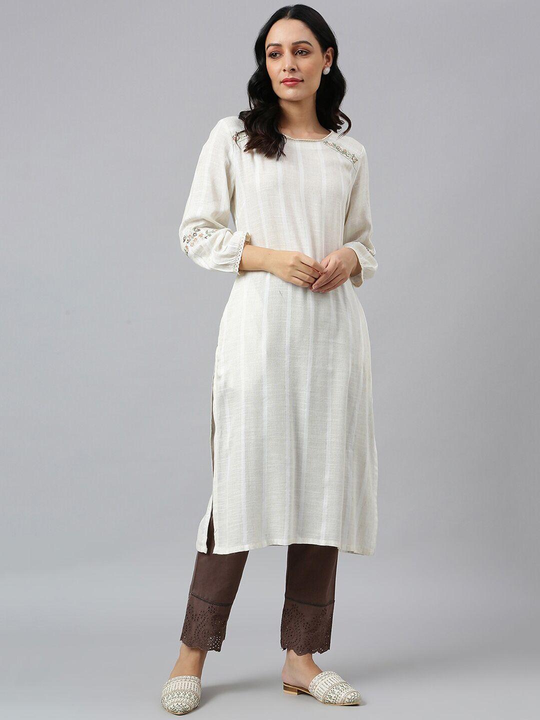 w women beige striped thread work kurta with trousers