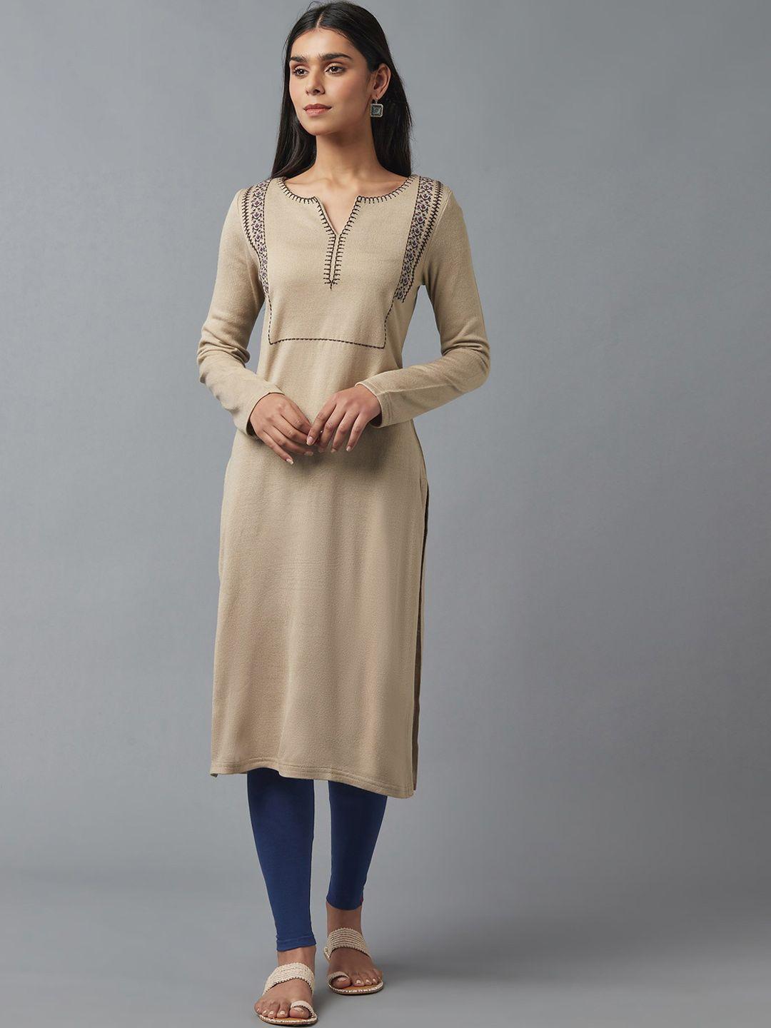 w women beige thread work kurta