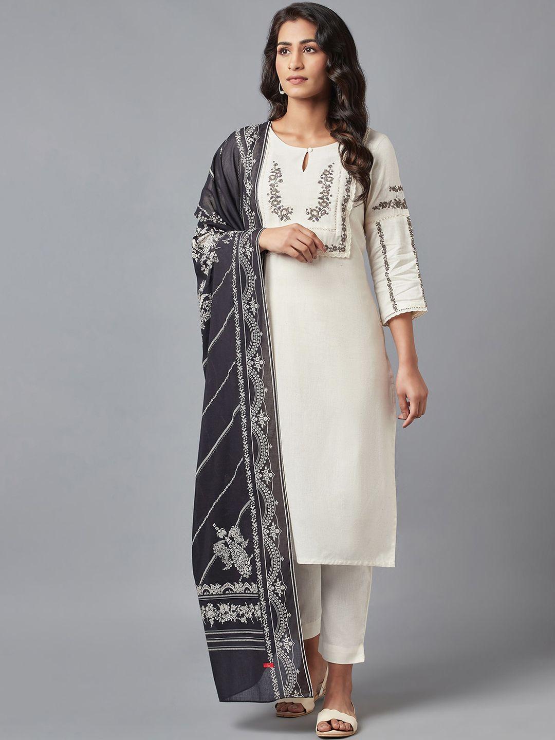 w women beige yoke design kurta with trousers & with dupatta