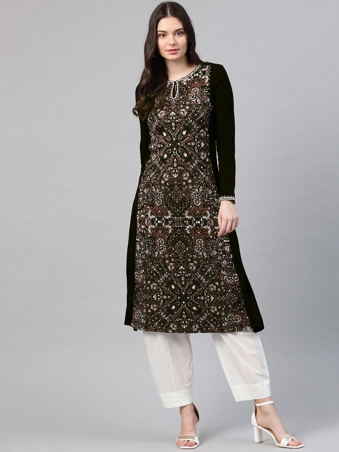 w women black & brown woven design acrylic winter a-line kurta