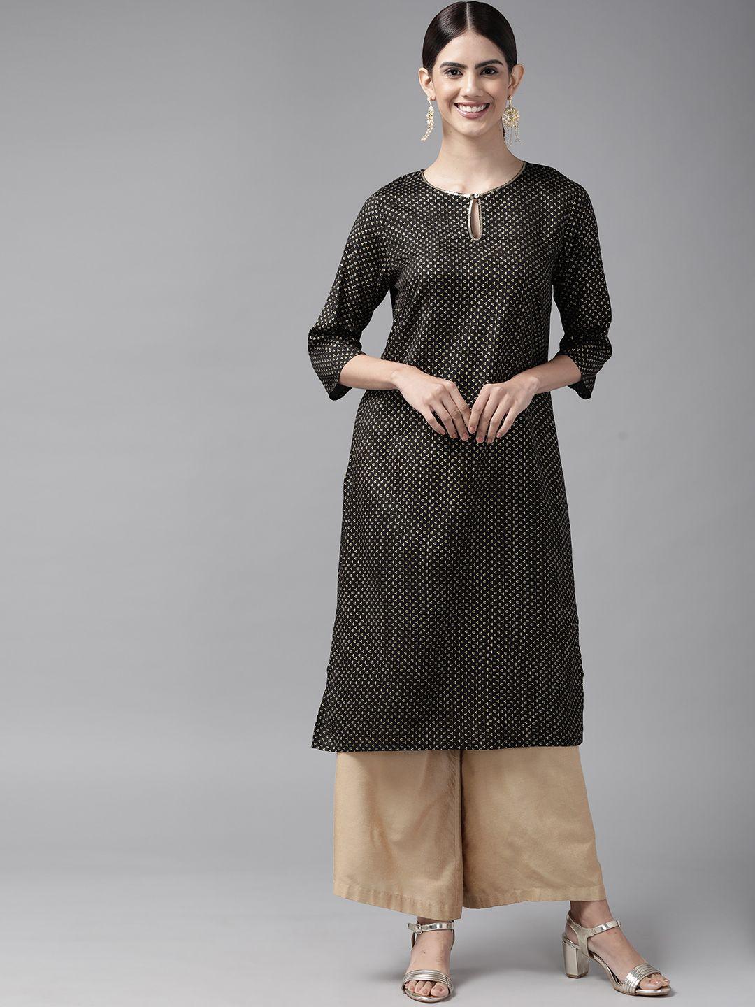 w women black & golden ethnic motifs printed keyhole neck straight kurta