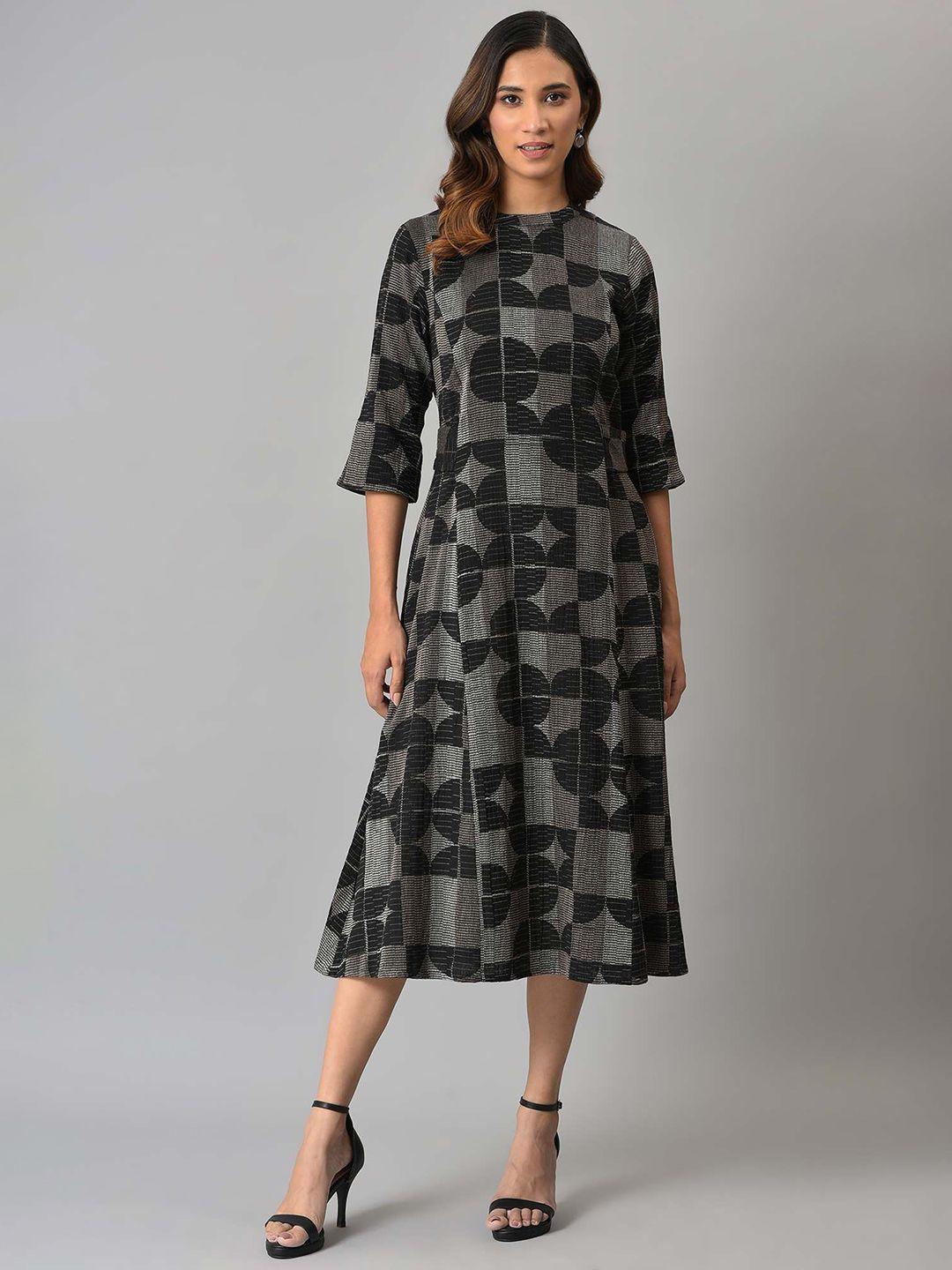 w women black & grey a-line midi dress
