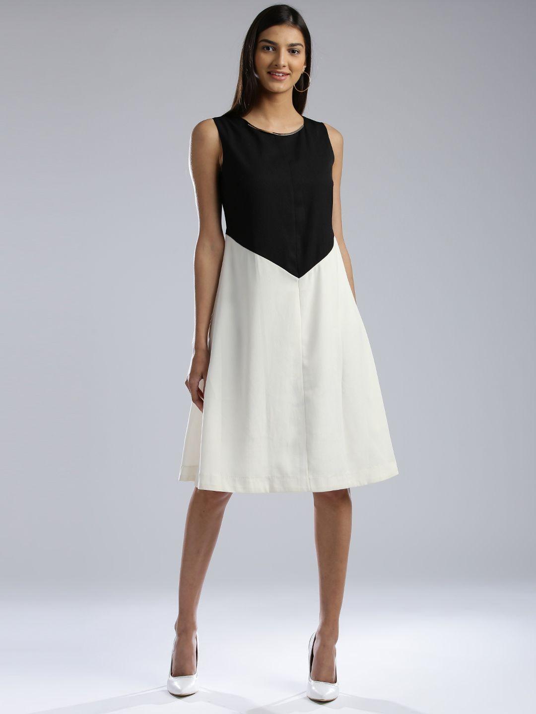 w women black & off-white colourblocked a-line dress