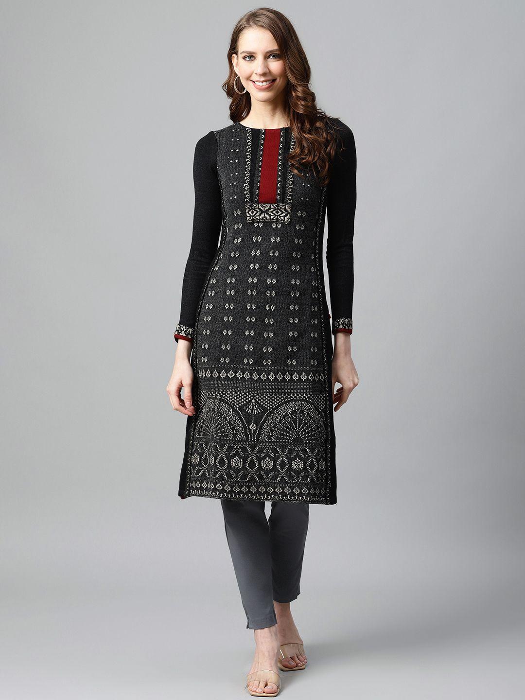 w women black & off-white geometric embroidered kurta