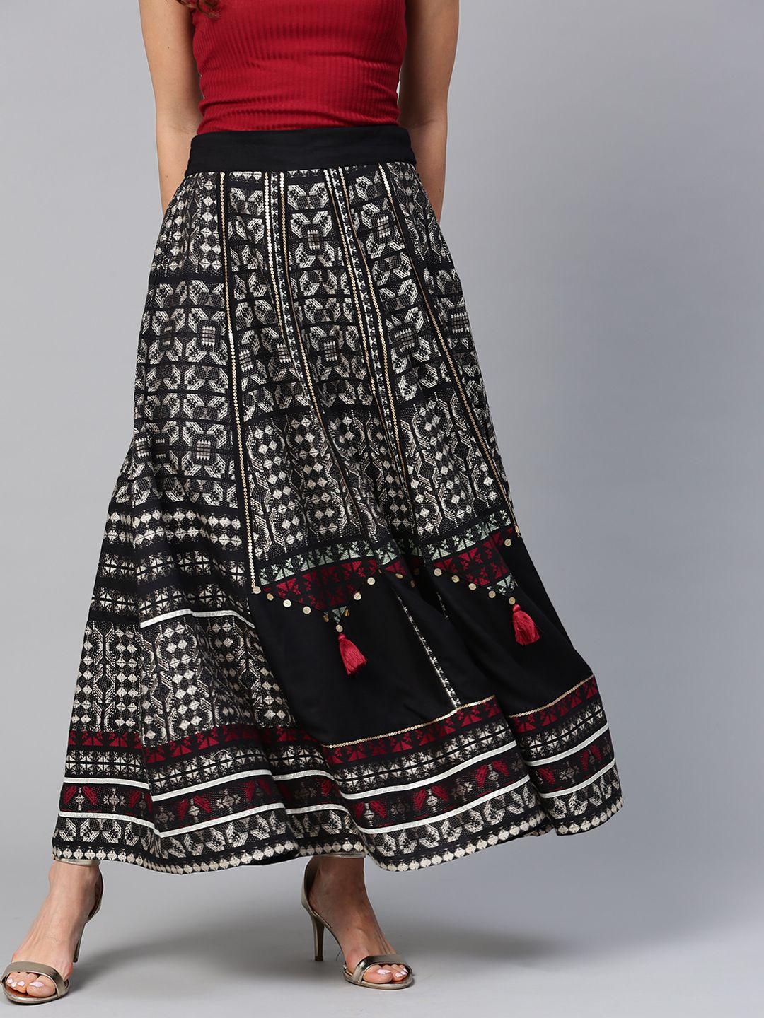 w women black & off-white woven design maxi skirt