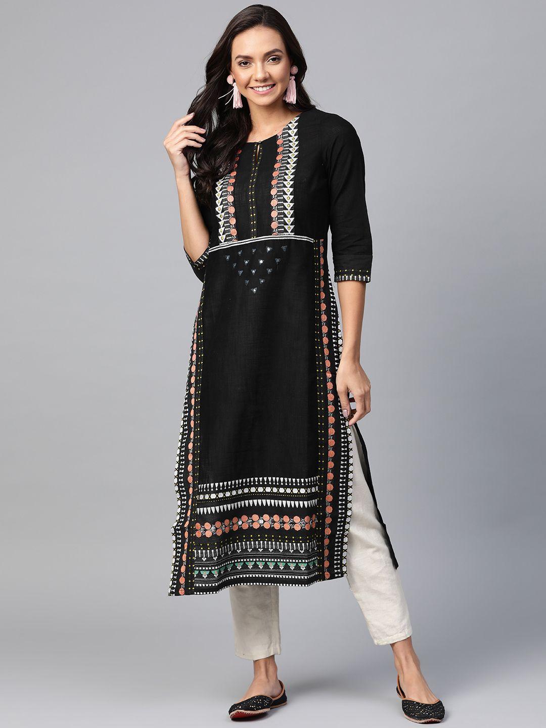 w women black & off-white woven design straight kurta