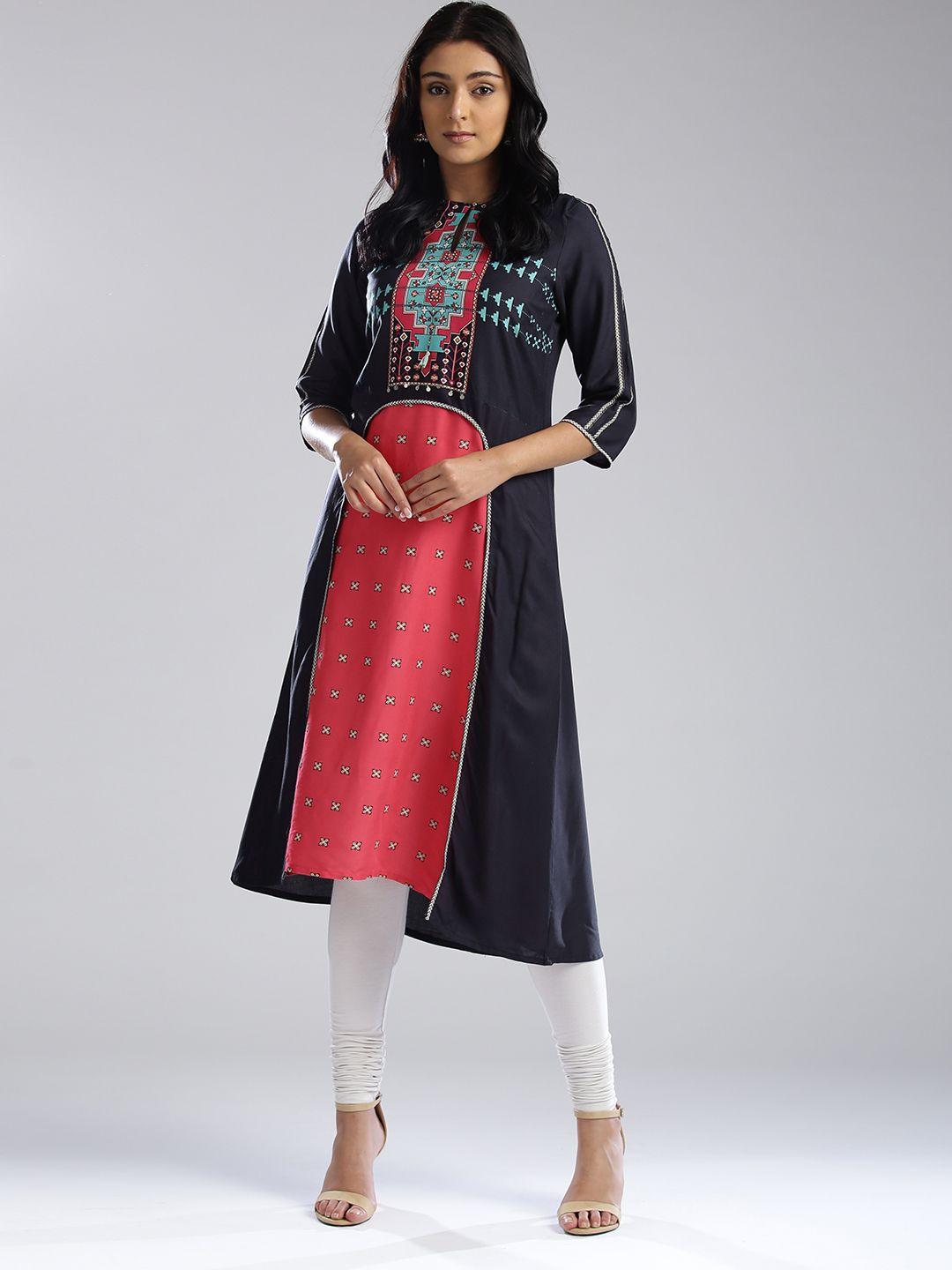 w women black & pink printed a-line kurta