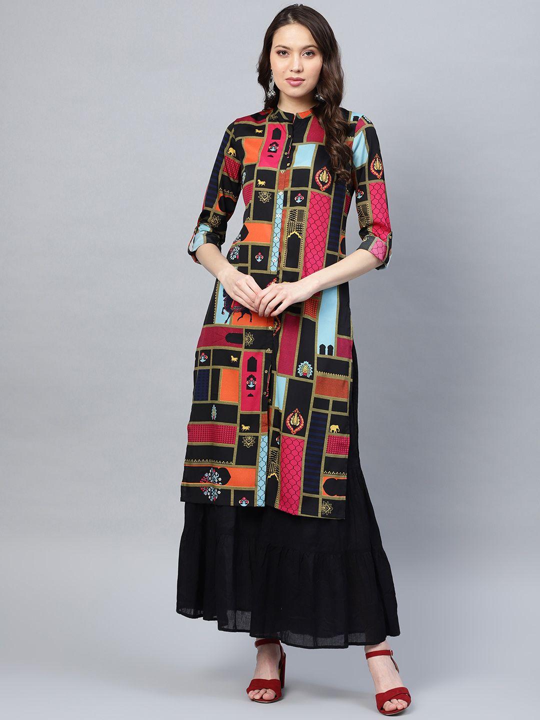 w women black & pink printed kurta