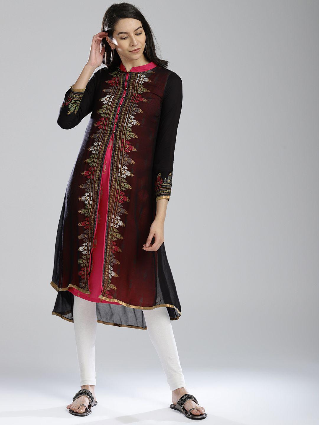 w women black & pink printed layered a-line kurta