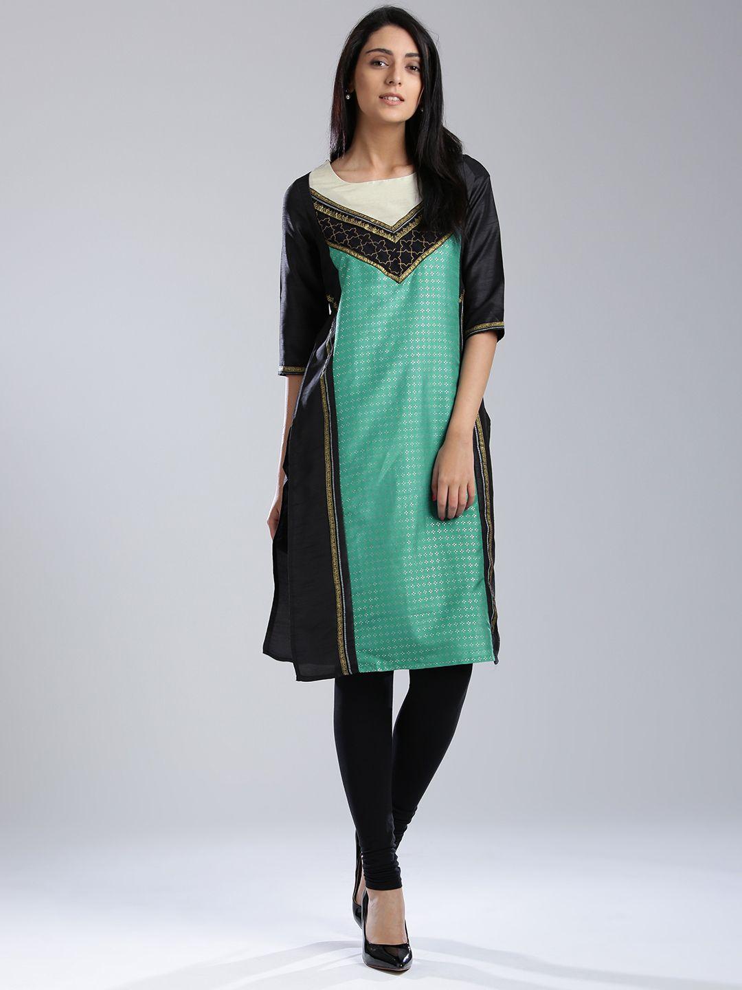 w women black & sea green printed straight kurta