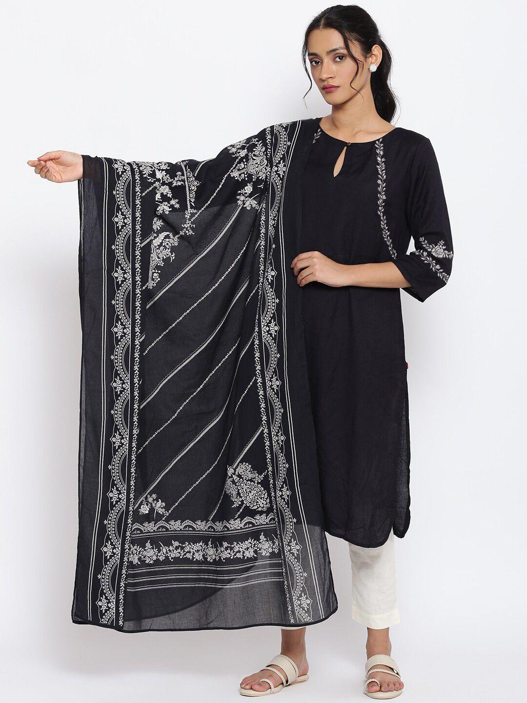 w women black & white printed pure cotton dupatta