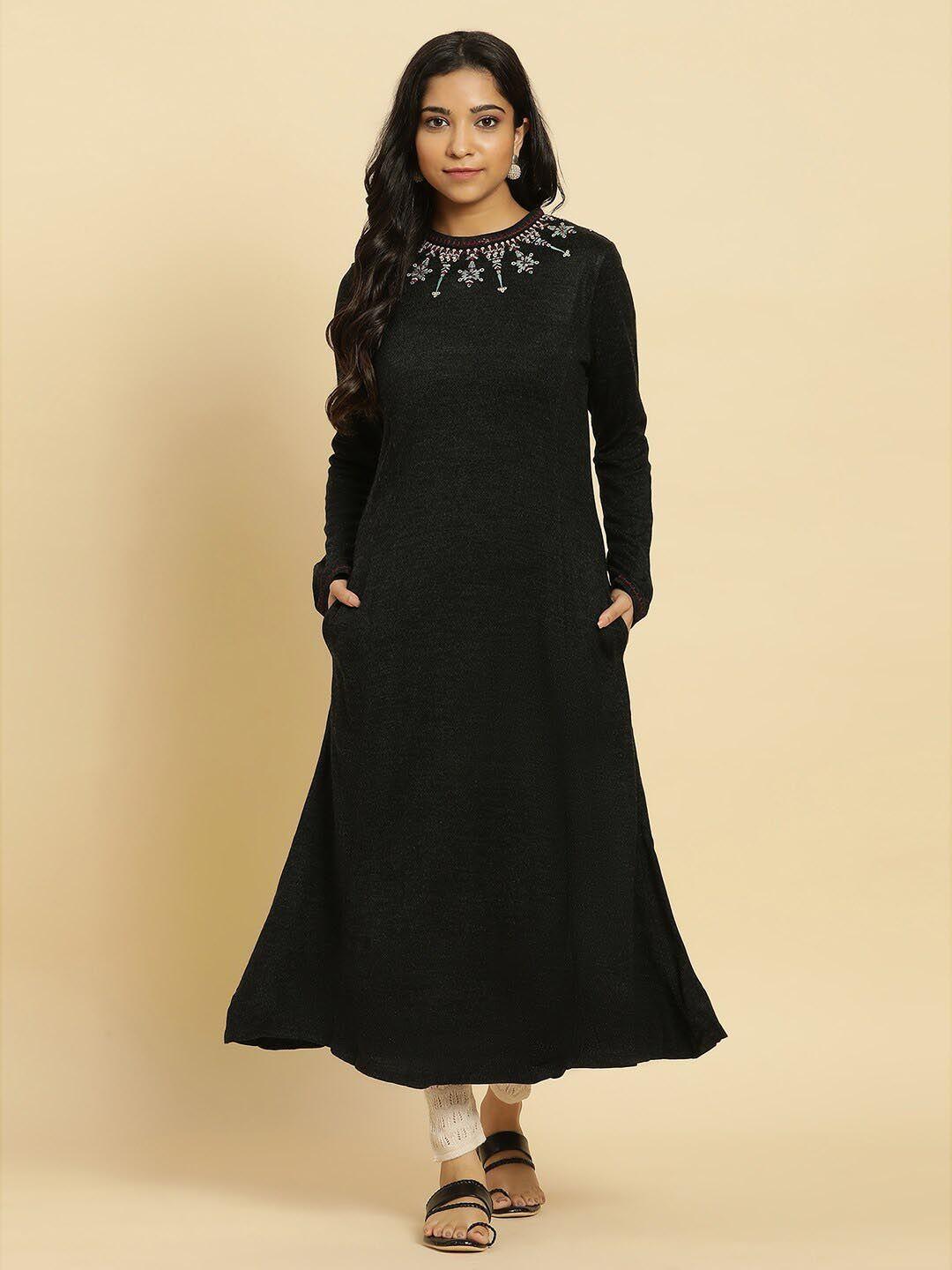 w women black abstract thread work round neck acrylic anarkali kurta