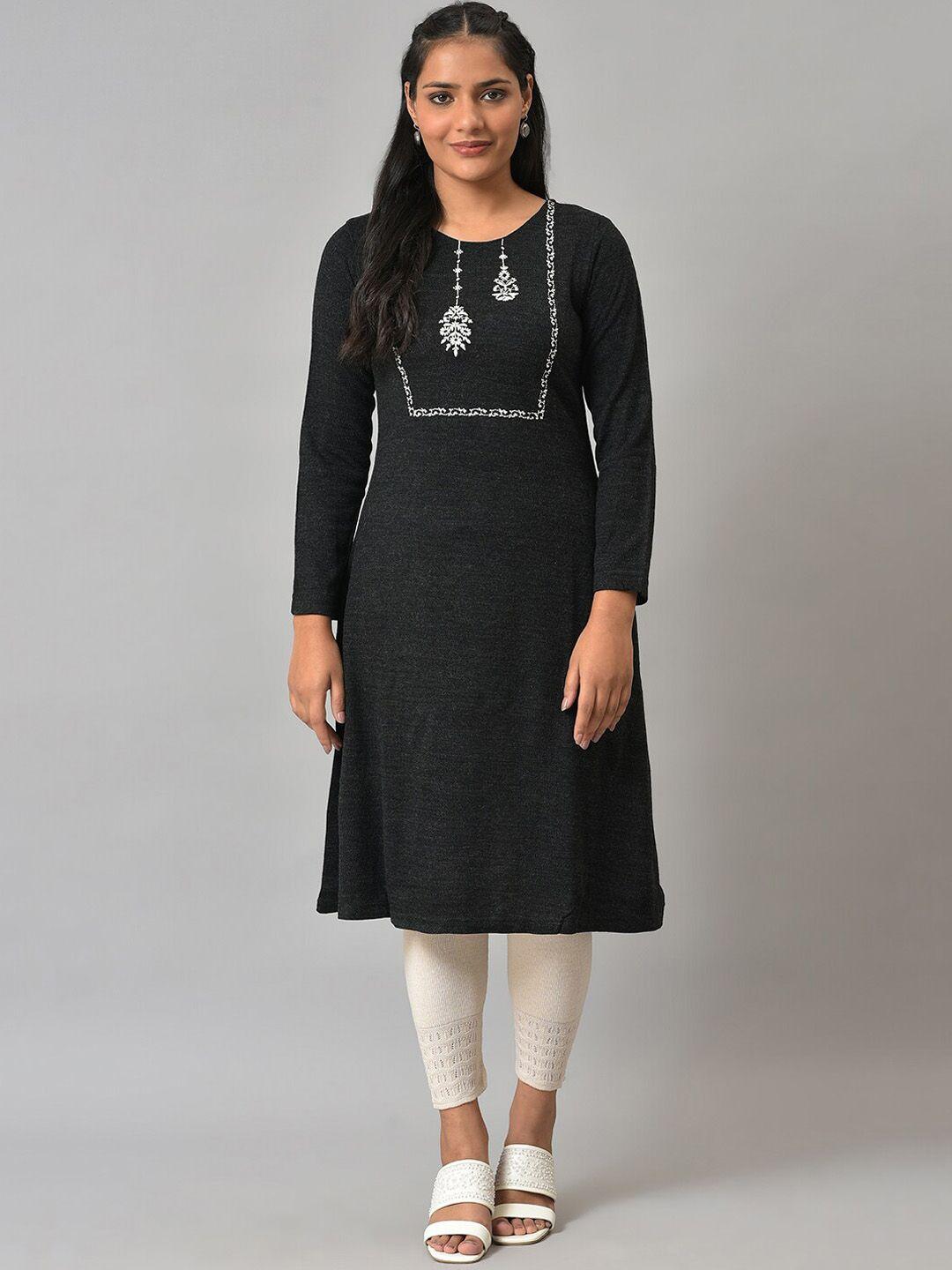 w women black embroidered thread work kurta