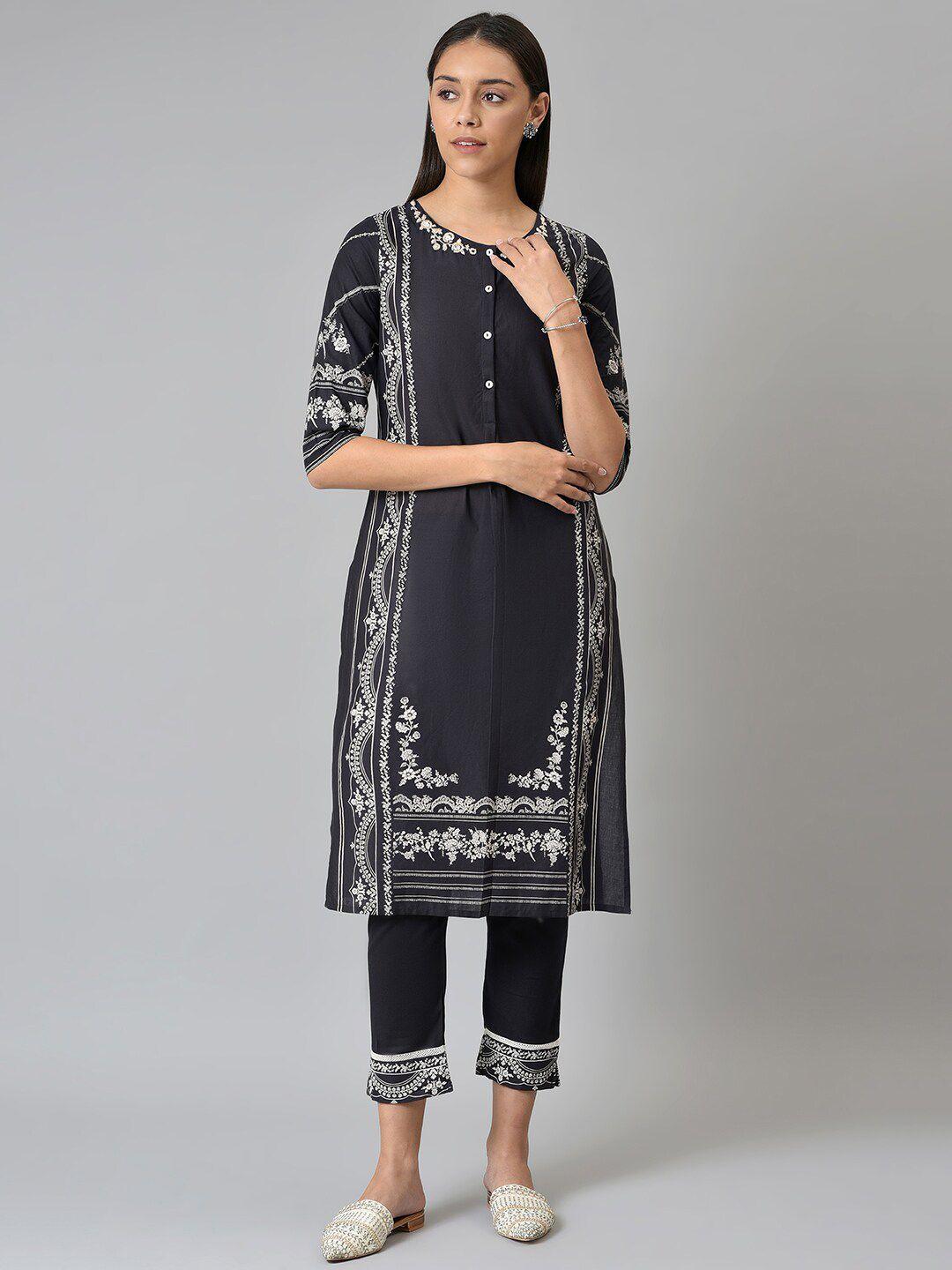 w women black ethnic motifs kurta with trousers