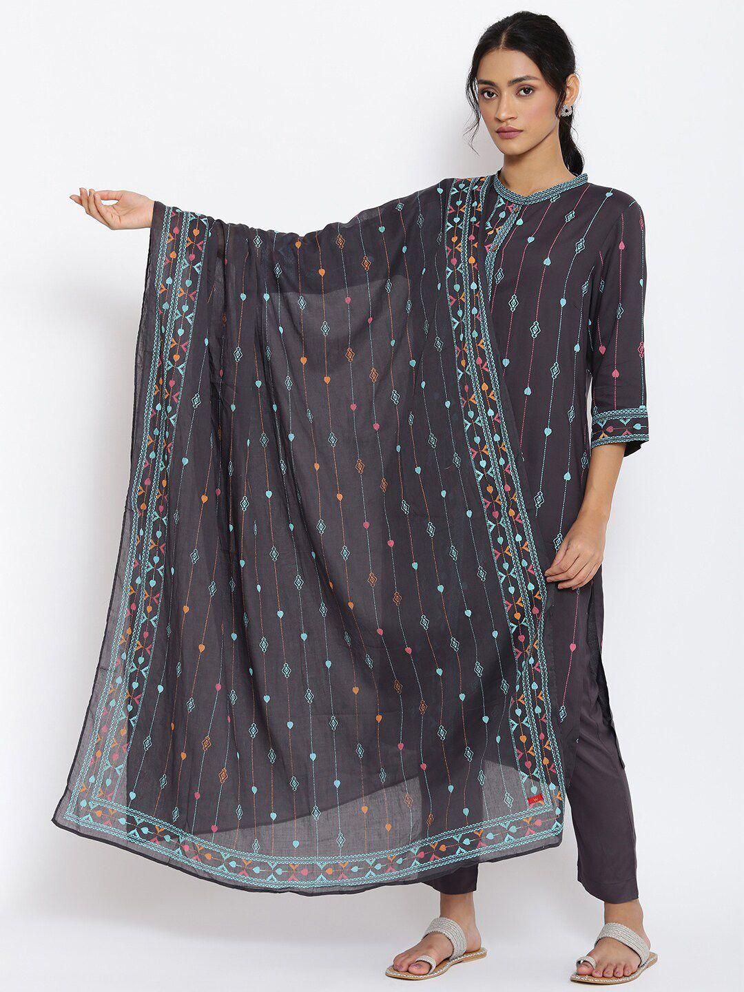 w women black ethnic motifs woven design pure cotton dupatta