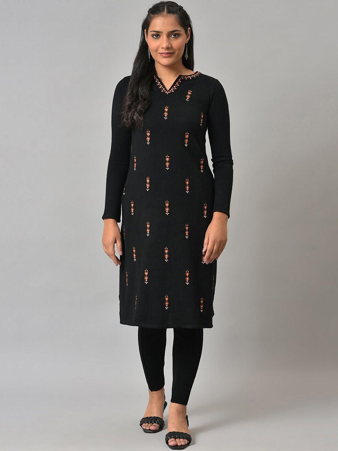 w women black floral embroidered thread work kurta