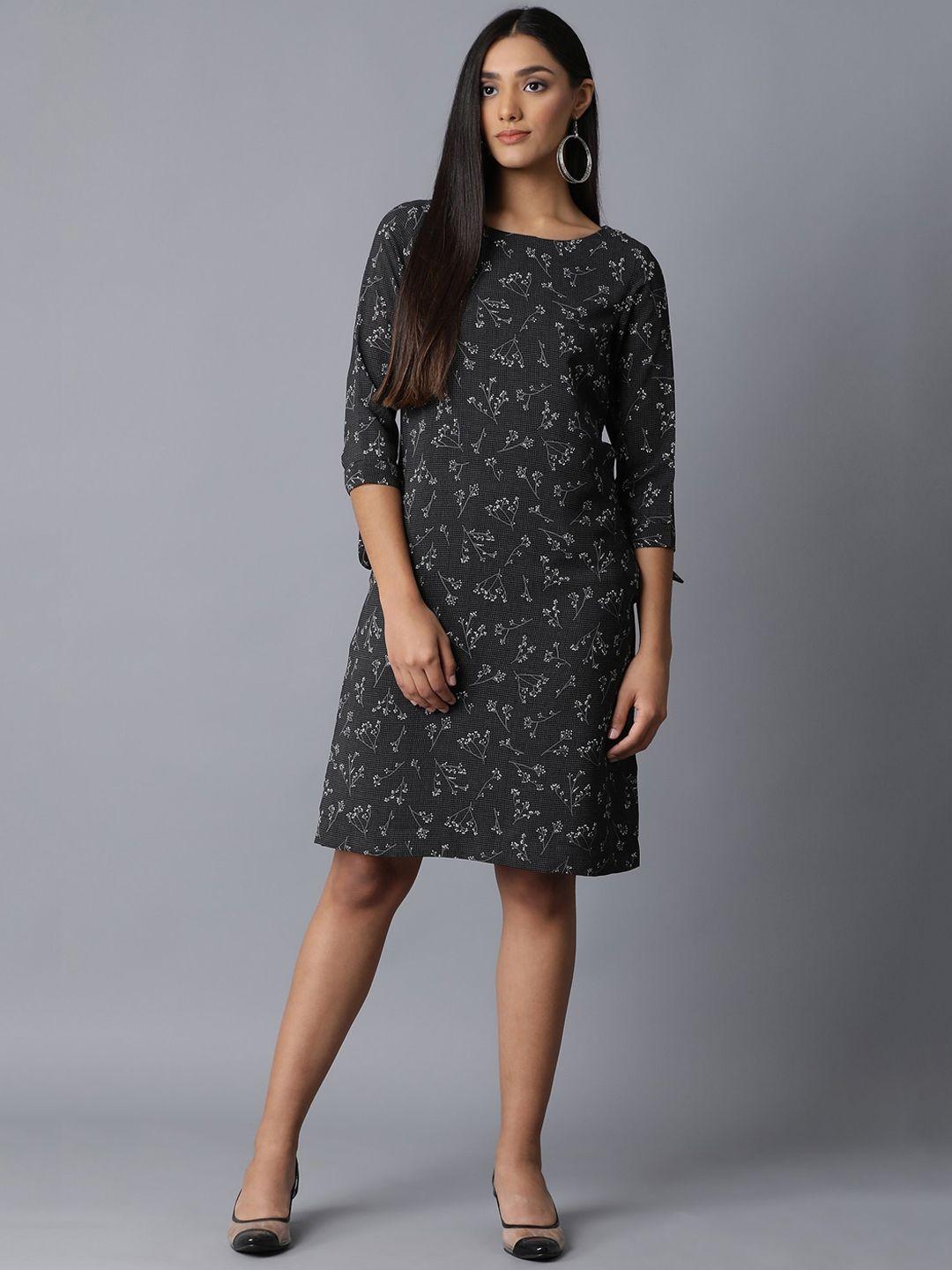 w women black floral printed a-line dress