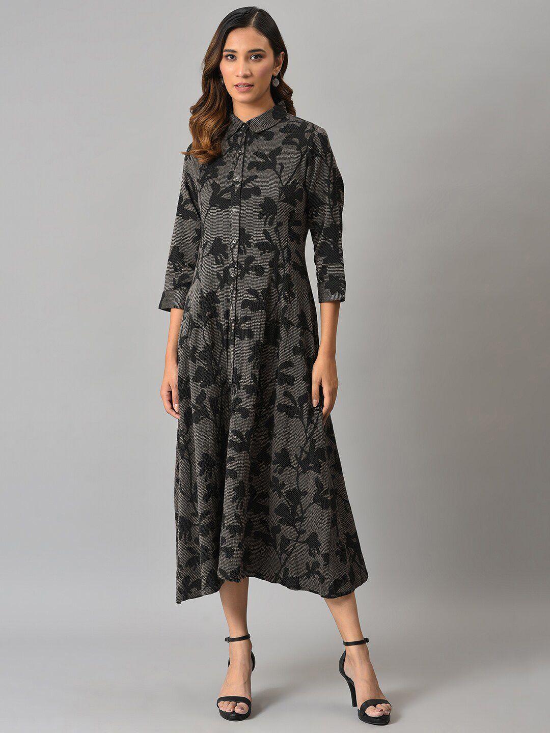 w women black floral printed midi dress