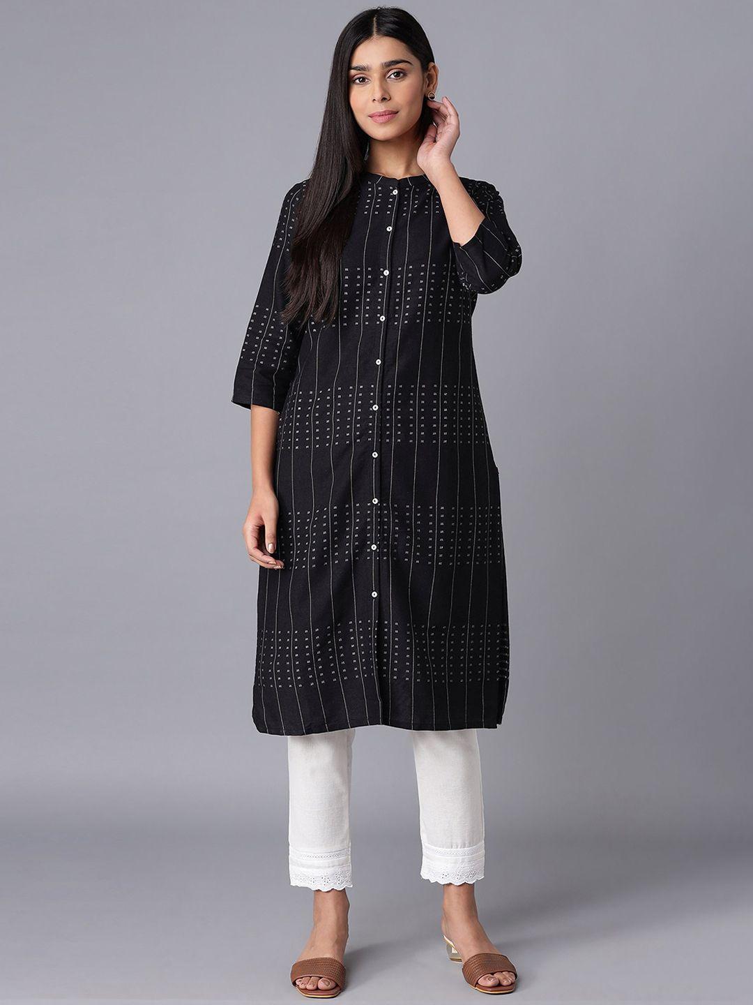 w women black geometric striped thread work kurta