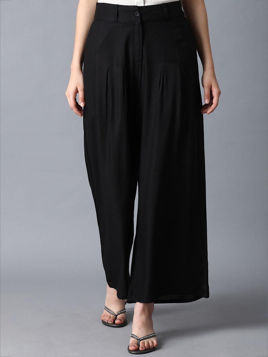 w women black loose fit pleated trousers