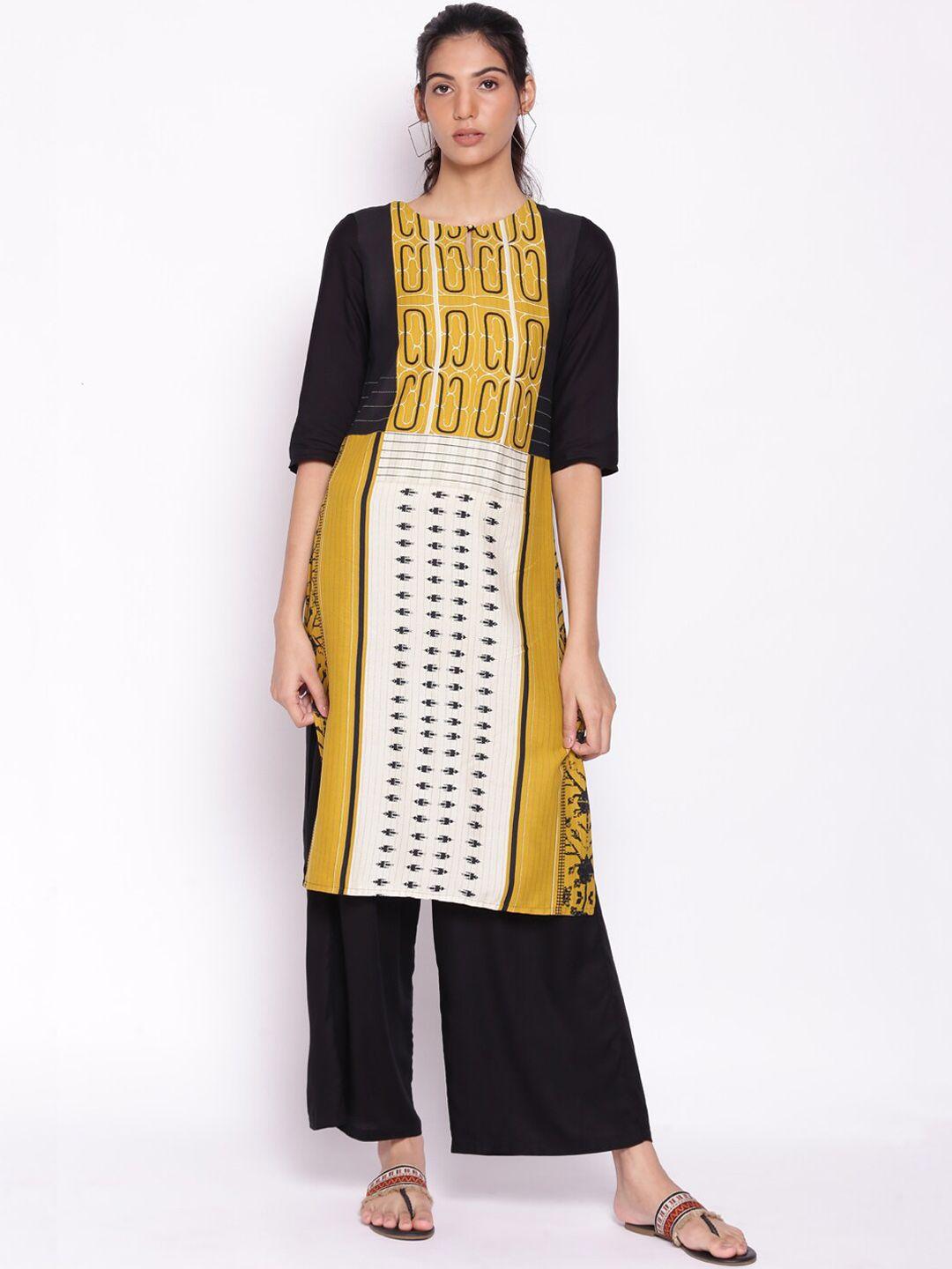 w women black printed kurta with palazzo set