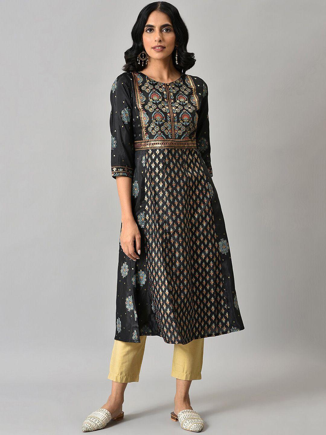 w women black printed kurta