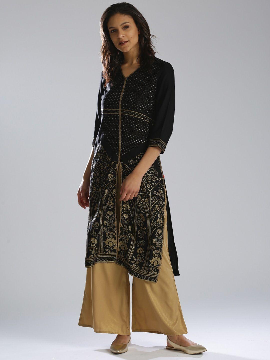 w women black printed straight sustainable kurta