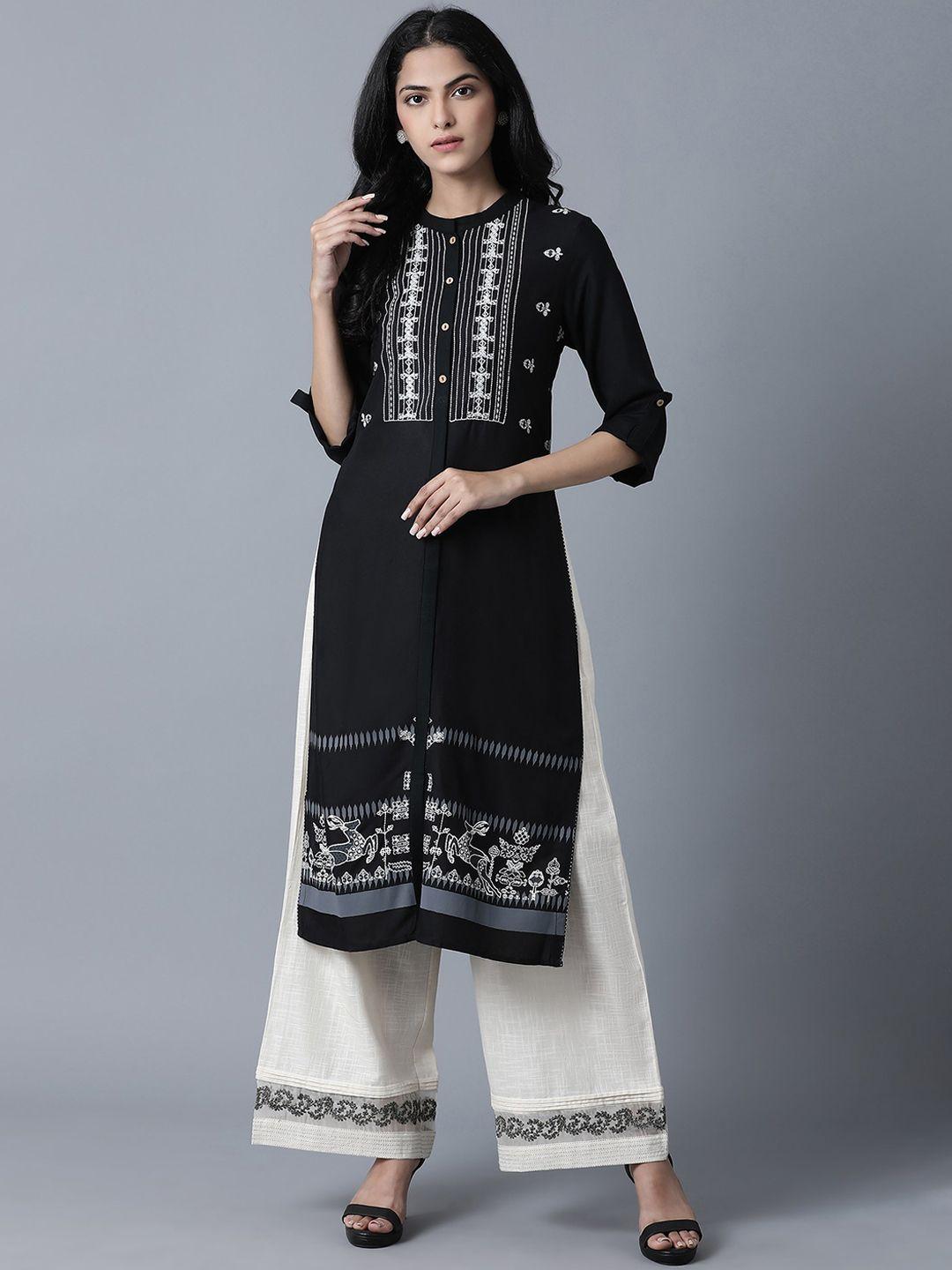 w women black quirky printed kurta