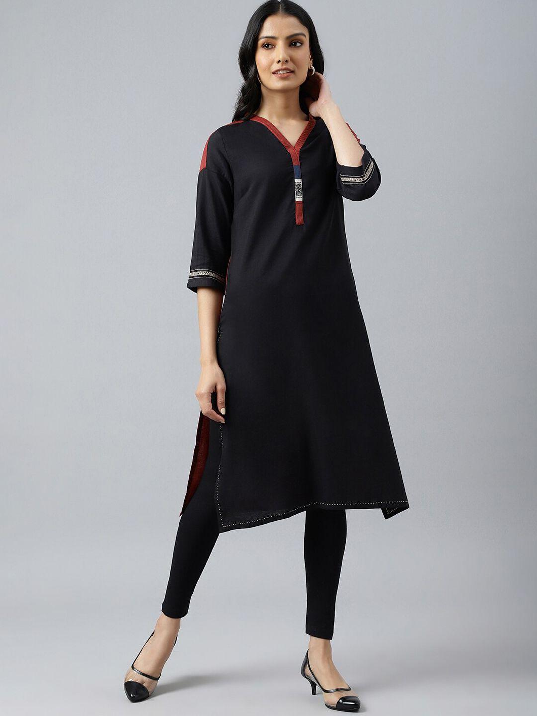 w women black solid kurta with printed placket