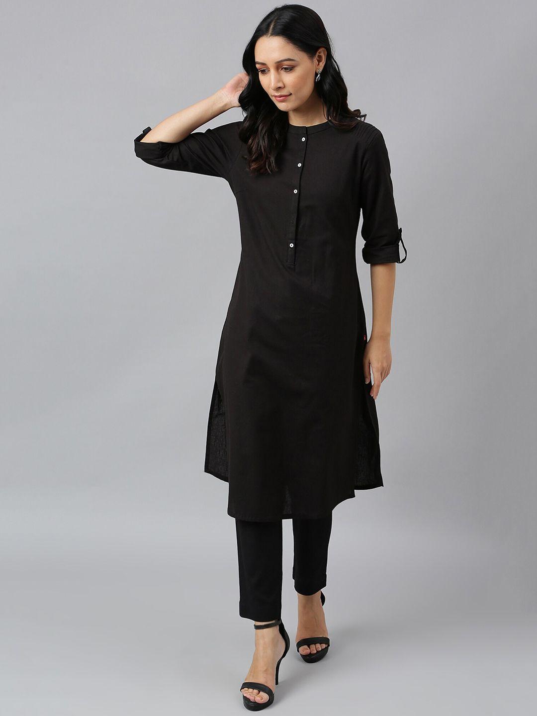 w women black solid mandarin collar cotton kurta