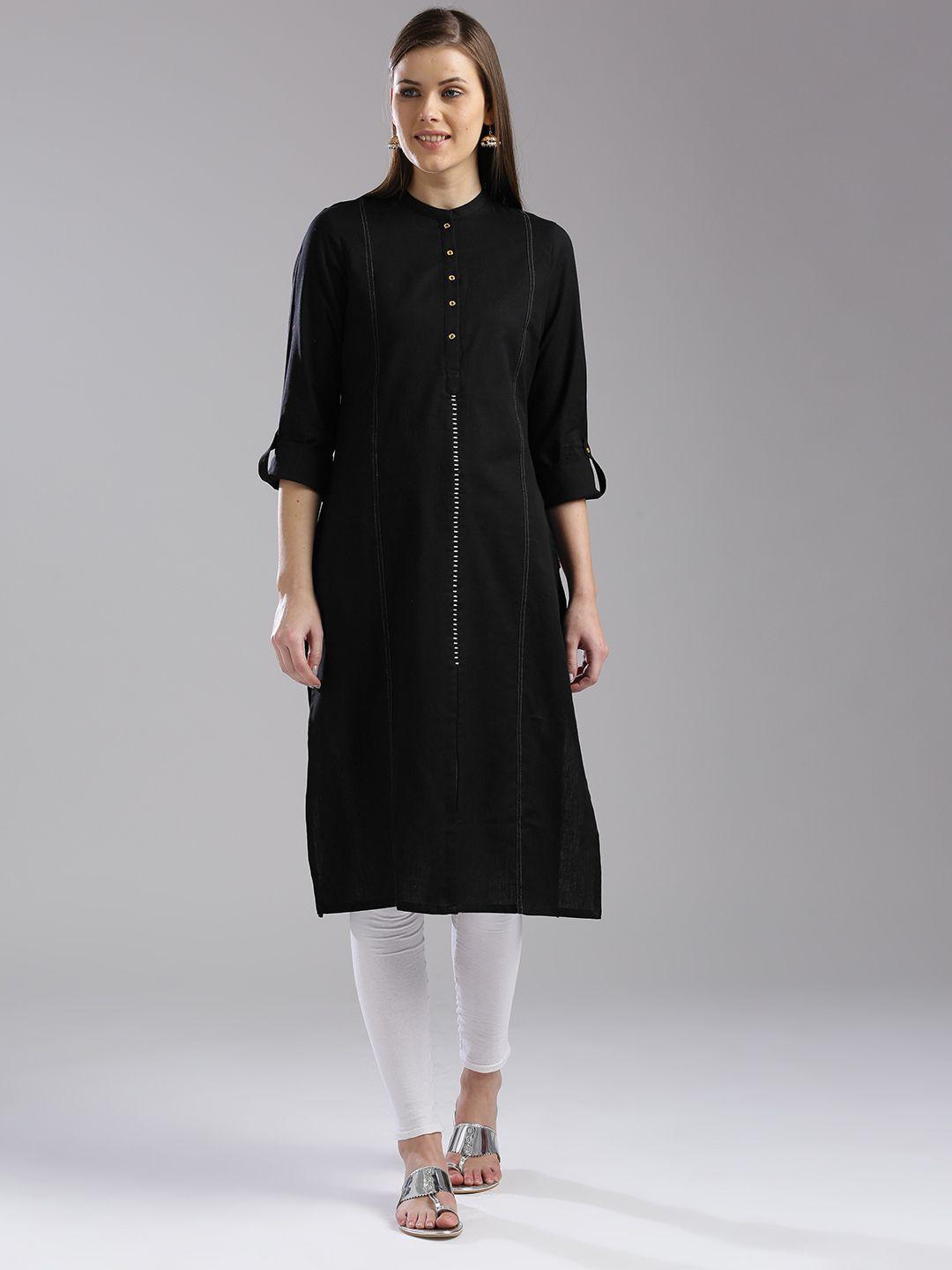 w women black solid straight kurta