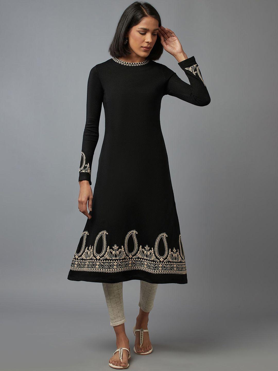 w women black thread work kurta